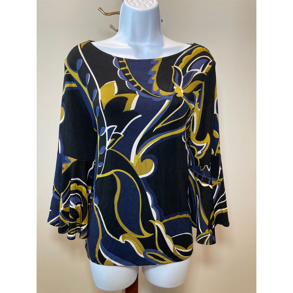 Chico’s Travelers Navy Top Size 1 (M) Bell Sleeve Wrinkle‑Resistant Stretch Knit